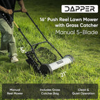 16" Push Reel Lawn Mower with Grass Catcher – Manual 5-Blade Hand Mower, Adjustable 3-Position Cutting Height (0.5"–1.75"), Lightweight & Eco-Friendly – 1-Year Warranty