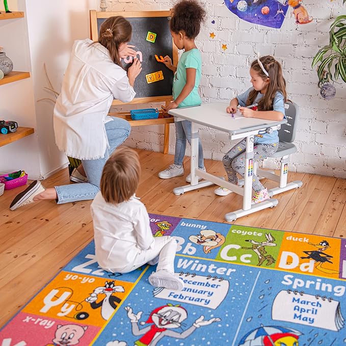 KC Cubs | Looney Tunes ABC Alphabet, Seasons, Months and Days of The Week Educational Learning & Game Play Area Non Slip Boy & Girl Kids Rug Carpet for Children Bedroom, Toddler Classroom & Baby Mat