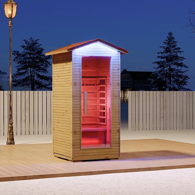 1 Person Outdoor Infrared Sauna - 3D Fast Heating Home Spa Sauna w/Chromotherapy Light, Wooden Sauna Room Kit w/Bluetooth Speaker (CE Certified,110V)