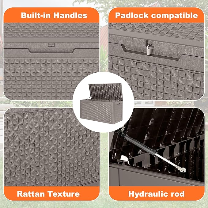 ROJIK Outdoor Storage Housing Deck Box - Waterproof Patio Furniture, Garden Tools, Cushions, Pool Accessories Storage Bench with Lockable Lid and Side Handles (Grey pattern,100 Gal)