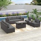Patio Furniture Sectional Sofa Set 10-Pieces PE Rattan Patio Conversation Set w/43in Gas Fire Pit Table, Outdoor Furniture with 55000 BTU Propane Fire Pit, Grey