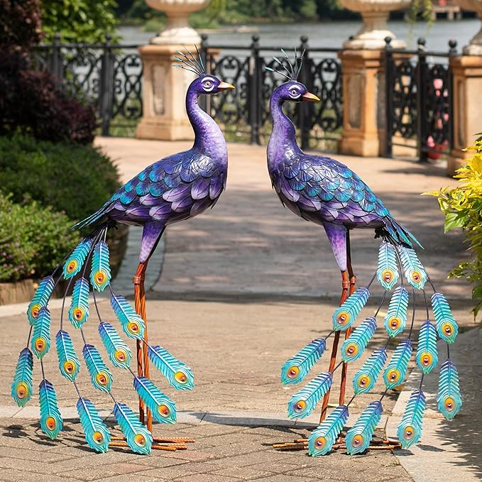 Kircust Purple Peacock Garden Statue and Sculpture, Metal Peacocks Yard Art Lawn Decor, Large Birds Garden Sculptures & Statues for Patio Backyard Pond Home Decoration