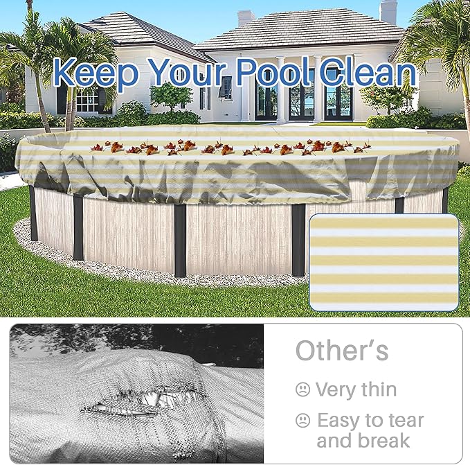 ECOOPTS 13 ft Round Pool Cover for Above Ground Pools, Swimming Pool Cover Protector Winter Safety Cover (Beige White Stripes)