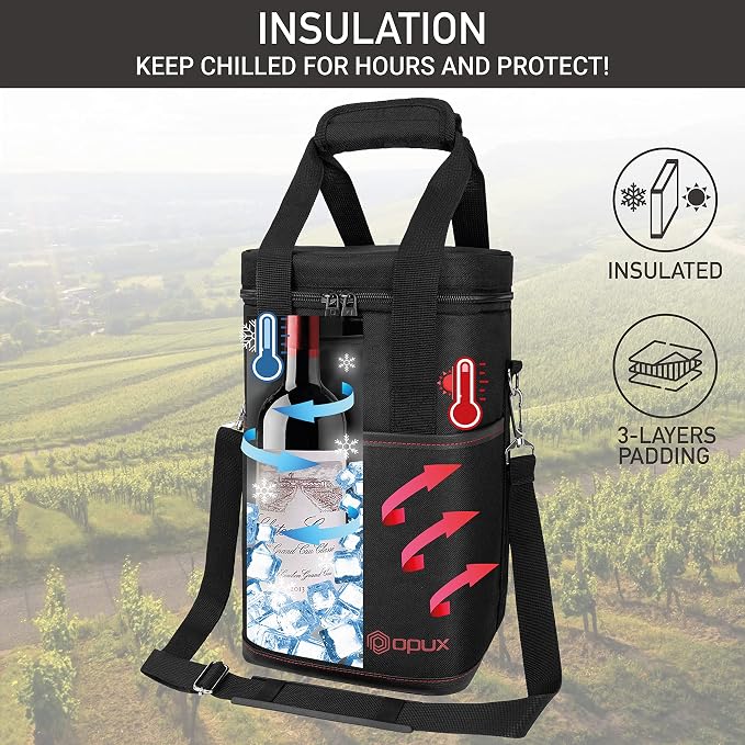 Opux 4 Bottle Insulated Wine Cooler Bag - Leakproof Padded Portable Wine Bottle Carrier for Travel Picnic BYOB Gift (Black)