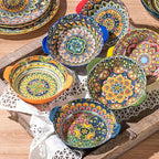 Henten Home Ceramic Soup Bowls Set, 14 oz Cereal Bowl Set of 6, Small Dessert Bowls with Handle, Boho Serving Bowls Set for Kitchen, Snack, Salad, Microwave & Dishwasher Safe