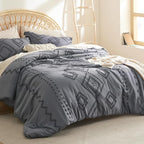 Bedsure Boho Comforter Set Full - Dark Grey Tufted Bedding Comforter Set, 3 Pieces Farmhouse Shabby Chic Embroidery Bedding Set, Soft Geometric Pattern Comforter for All Seasons