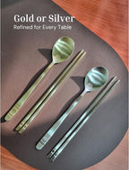 ONGI Korean Spoon and Chopstick 1 Set – Premium 18/10 Titanium Gold – Double Happiness Design – Gift-Ready – Made in Korea – Dishwasher Safe (Hee Pattern Gold 1 Set)