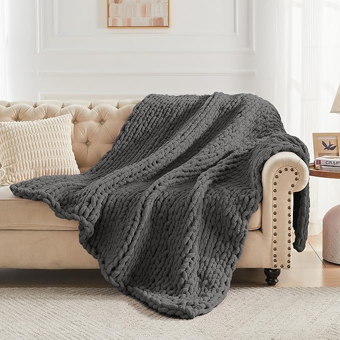 Carriediosa Chunky Knit Throw Blanket 50" X 60", 100% Hand Made Large Chenille Loop Yarn Soft Fluffy Throws for Couch Sofa Bed, Big Crochet Cozy Heavy Thick Cable Woven Blankets, Dark Grey