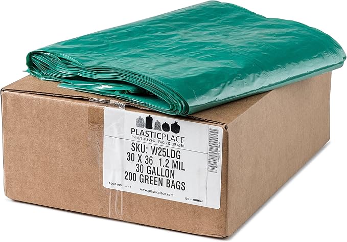 Plasticplace 20-30 Gallon Trash Bags │ 1.2 Mil │ Green Garbage Can Liners │ 30’” x 36” (200 Count), W25LDG