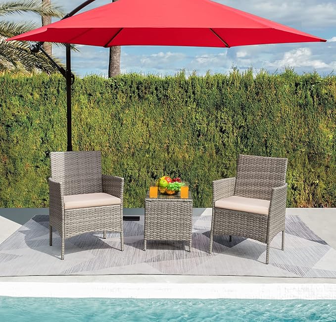 Greesum 3 Pieces Patio Furniture Sets Outdoor PE Rattan Wicker Chairs with Soft Cushion and Glass Coffee Table for Garden Backyard Porch Poolside, Gray and Beige