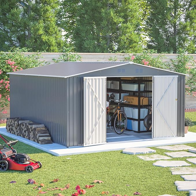 12×14 ft Outdoor Metal Storage Shed, Large Garden Tool Shed with Lockable Double Doors, Waterproof Yard Building, Patio, Light Gray