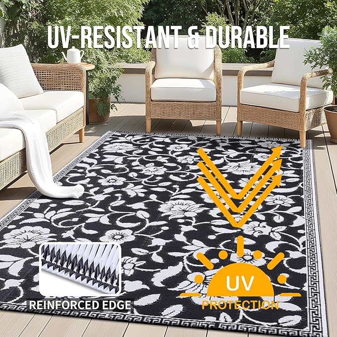 OLANLY Waterproof Outdoor Rug 5x8 ft, Outdoor Plastic Straw Rug with Flower Pattern, Reversible RV Mat for Patio, Camping, Balcony, Deck, Backyard, Black & White