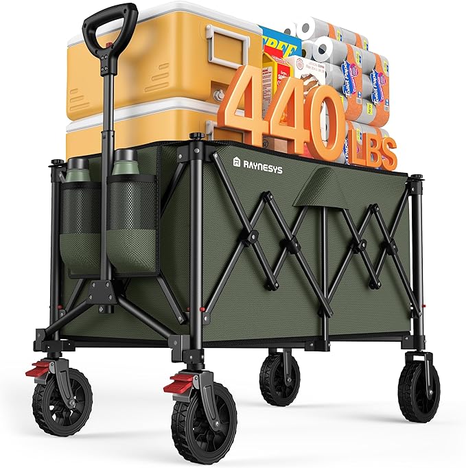 Collapsible Foldable Wagons, 440lbs Weight Capacity Beach Wagon with All-terrain Wheels, Heavy Duty Foldable Wagon, Utility Wagons Carts with Brakes for Camping, Sports, Shopping, Beach, Green & Brown