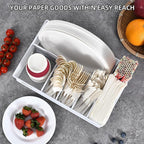 VIKEYHOME Paper Plate Organizer, Metal Silverware Caddy, White | 6 Compartments Utensil Holder for Plate, Knives, Spoon, Cup, Fork, Napkin, Caddy for Party, Camping, Picnic