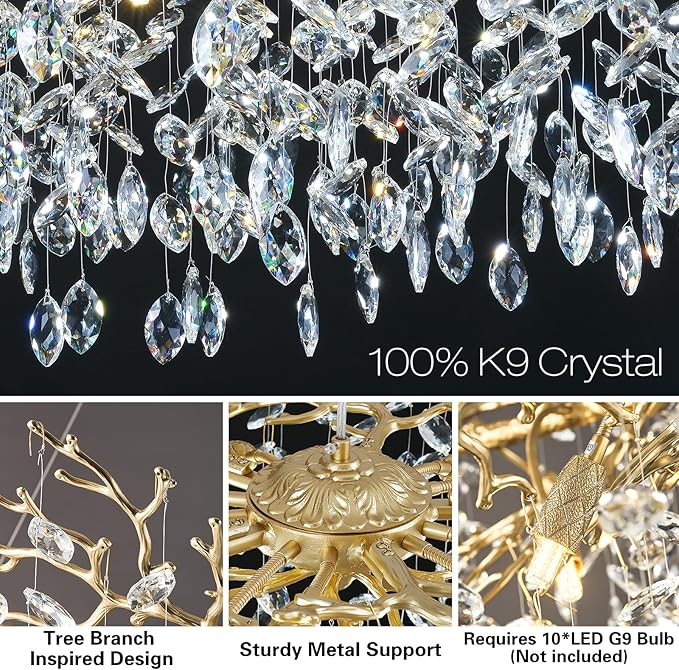 Modern Crystal Chandelier, 30" Chandeliers for Dining Room,Gold K9 Crystal Tree Branches Crystal Chandelier,10-Light Living Room Chandeliers, Fo Entryway,Foyer,Bedrooms