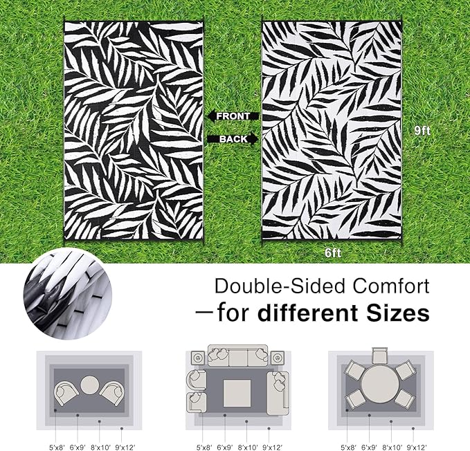OLANLY Waterproof Outdoor Rug 6x9 ft, Reversible Outdoor Plastic Straw Rug with Leaf Pattern, RV Mat, Indoor Outdoor Carpet for Patio, Camping, Balcony, Deck, Backyard, Black & White