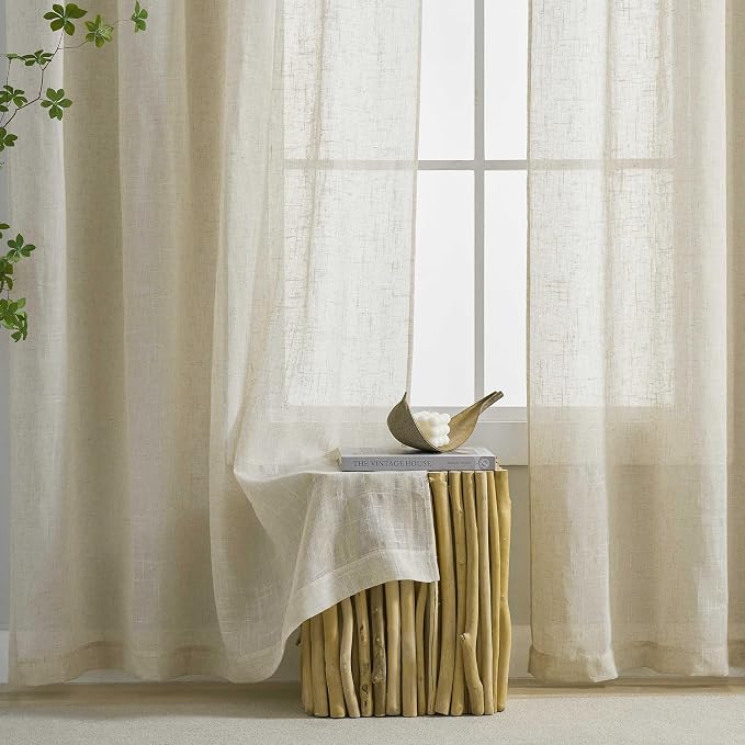 Home Brilliant Linen Blend Semi Sheer Curtains for Kitchen Window, Half Beige Panels, 54 x 45 inch Long, Set of 2