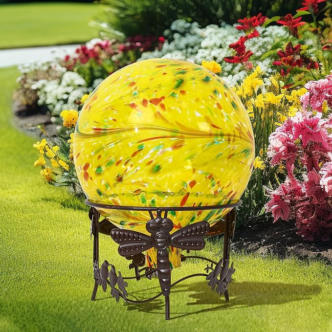 Gazing Ball 10 inch Colorful Glass Gazing Ball for Garden Decor, Indoor Outdoor Glass Gazing Globe Yard Decoration, Yellow