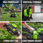 Greenworks 48V (2x24V) Lawn Mower Combo - 21" Push Mower, 12" String Trimmer, 320 CFM Leaf Blower + 24V Cordless Speed Saw - Ideal for Yard & Indoor