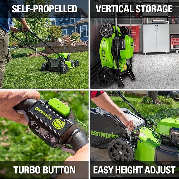Greenworks 48V (2x24V) Cordless Yard Tool Combo - 21" Self - Propelled Lawn Mower, 12" Trimmer, Blower + 24V Cordless Battery Car Jack