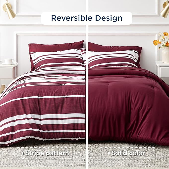 Bedsure Bed in a Bag Queen Size 7-Piece Burgundy White Striped Bedding Comforter Sets All Season Bed Set, 2 Pillow Shams, Flat Sheet, Fitted Sheet and 2 Pillowcases