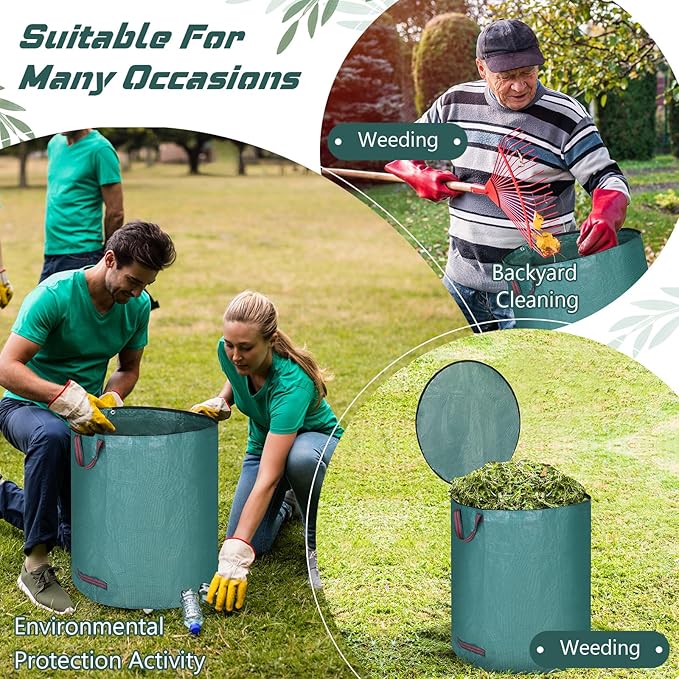 Eaasty 6 Pack 72 Gallon Leaf Bags Collapsible Lawn Bags Reusable Garden Bags Heavy Duty Yard Waste Bags Leaf Container with Zippered Lid Handle 6 Pairs Gardening Gloves for Cleaning Debris Trash