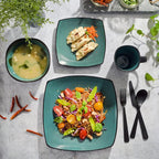 Gibson Elite Soho Lounge 16-Piece Reactive Glaze Dinnerware Set – Teal and Black Tutone Stoneware Plates and Bowls