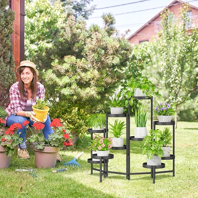 iDavosic.ly Plant Stand Indoor Outdoor, 10 Tier Corner Metal Flower Display Holder Shelf, Folding Tall Orchid Rack for Patio Balcony Porch Garden Living Room House, Black