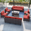 Patio Furniture Set with Fire Pit Table 13 PCS Outdoor Sectional Furniture Outdoor Rattan Patio Conversation Sets with 43in 55,000 BTU Propane Gas Fire Pit Table Glass Table, Red
