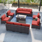 Patio Furniture Set with Fire Pit Table 13 PCS Outdoor Sectional Furniture Outdoor Rattan Patio Conversation Sets with 43in 55,000 BTU Propane Gas Fire Pit Table Glass Table, Red
