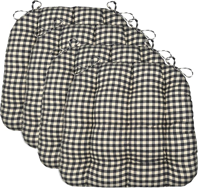 Barnett Home Decor Chair Cushions for Dining Chairs - 16.5x18 Kitchen Chair Cushions - Machine Washable, 100% Cotton, Made in USA - Latex Foam Chair Pads - Farmhouse Check Black and White Pack of 4