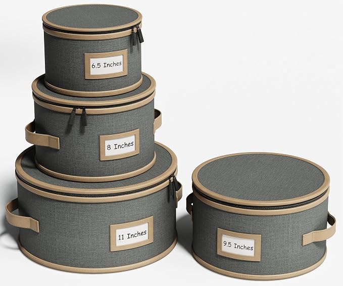 Hard Shell China Storage Containers – 4 Piece Set for Storing Dinner Plates, Salad Plates, Quilted Dividers for Safe Moving and Seasonal Storage, Grey with Brown Edging