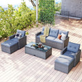 Merax Furniture 6-Piece All-Weather PE Rattan Patio Outdoor Conversation Set with Coffee Table,Wicker Sofas,Ottomans,Removable Cushions,Grey