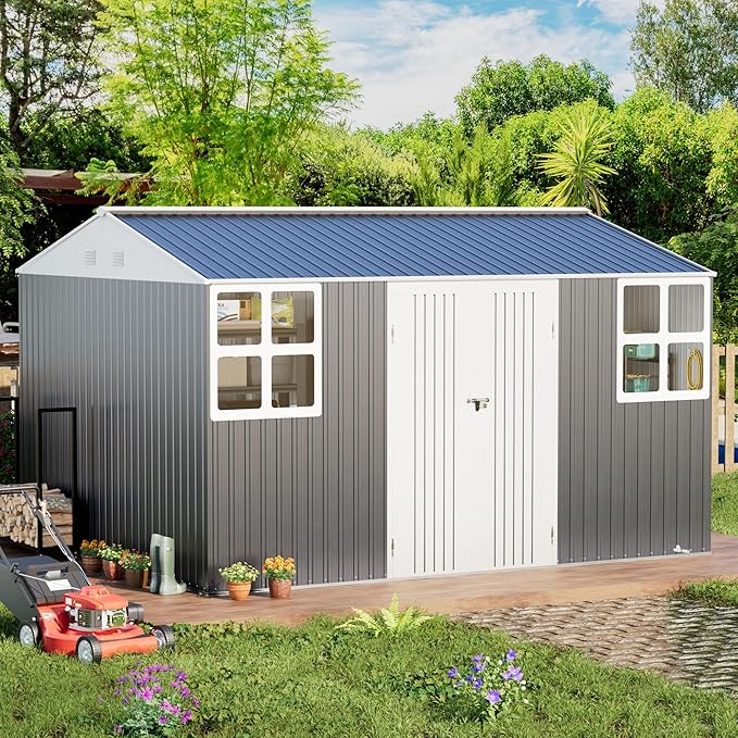 Metal shed 12x10 FT with Floor Kit, Outdoor Storage, Heavy-Duty Garden Sheds with Customizable Skylight & Reinforced Steel Frame, Weatherproof Galvanized Tool Tiny House for Backyard, Patio, and Lawn