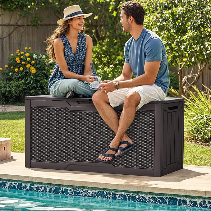 YITAHOME 80 Gallon Resin Deck Box, Weather Resistant Outdoor Rattan Storage Box, Lockable Indoor Outdoor Storage for Supplies and Essentials, Dark Brown