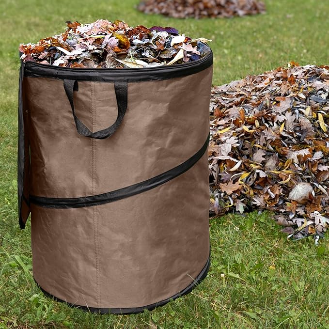 Wakeman Outdoor Trash Can - 46-Gallon Collapsible Garbage Can with 3 Stakes - Pop Up Trash Can for Camping, Storage, or Yard Waste Outdoors (Beige)