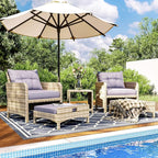 Pamapic 5 Pieces Outdoor Patio Wicker Chairs Set with Ottoman .Outside Conversation Furniture Set with Cushions and Coffee for Balcony Porch Lawn Garden Table (Purple Cushion + Grey Rattan)