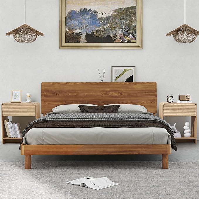 Fluted Nightstand Set of 2 with Charging Station, Modern Bed Side Table End Table with Drawer Storage, Large Wooden Night Stands Bedside for Bedroom Living Room Sofa Office, Natural 2 Sets