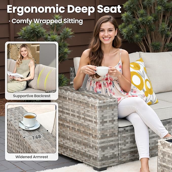 ovios 6 Pieces Patio Furniture Set, Outdoor Wicker Sectional Sofa with Glass Table Comfy Cushions, Modern Modular Deep Seat Couch Rattan Conversation Set, Beige