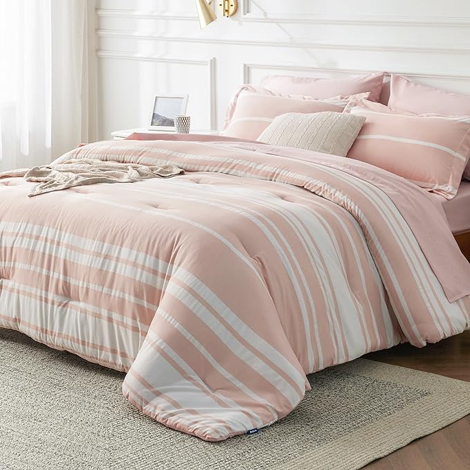Bedsure Pink Comforter Set Full 7 Pieces, Light Pink White Striped Bedding Sets All Season Bed Set, 2 Pillow Shams, Flat Sheet, Fitted Sheet and 2 Pillowcases