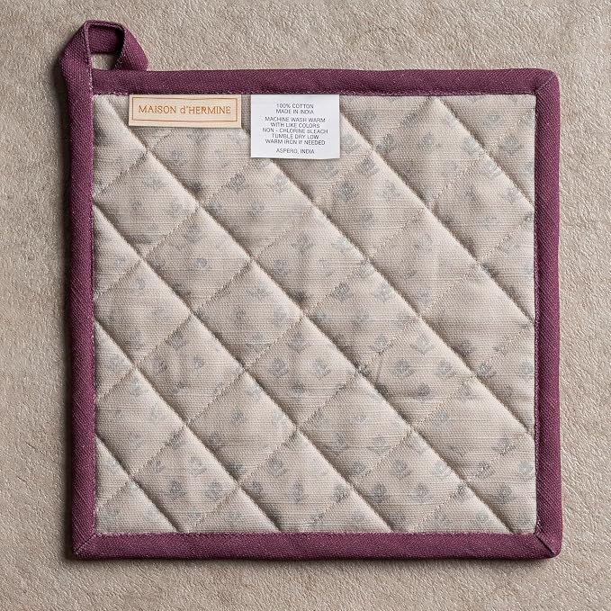 Maison d' Hermine Pot Holders 100% Cotton Potholders (8" x 8", Pack of 1) | Heat Resistant Hot Pads with Loop BBQ Cooking Baking Farmhouse Kitchen Handling Hot Pans Spring Summer - Fanny Lavender