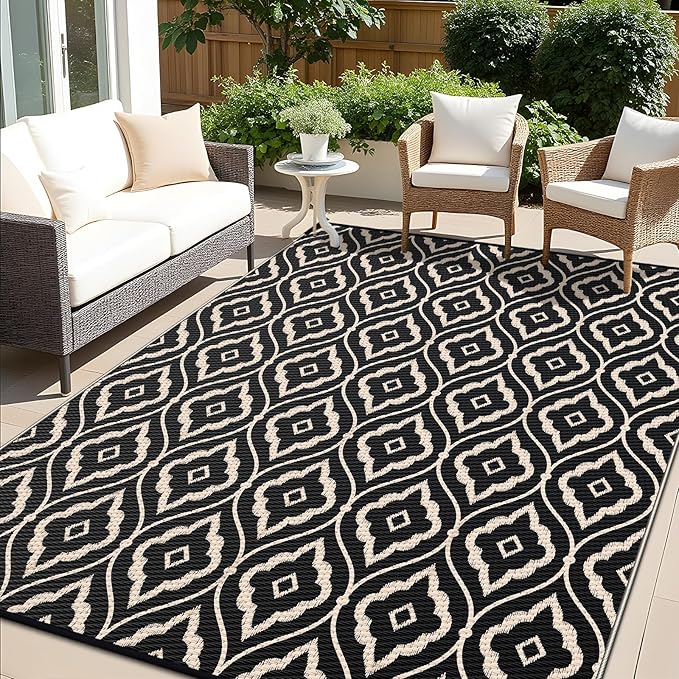 OLANLY Outdoor Rug 9x12 ft Waterproof, Outdoor Plastic Straw Rug with Geometric Pattern Clearance, Reversible RV Mat for Patio, Camping, Balcony, Deck, Backyard, Black & Beige