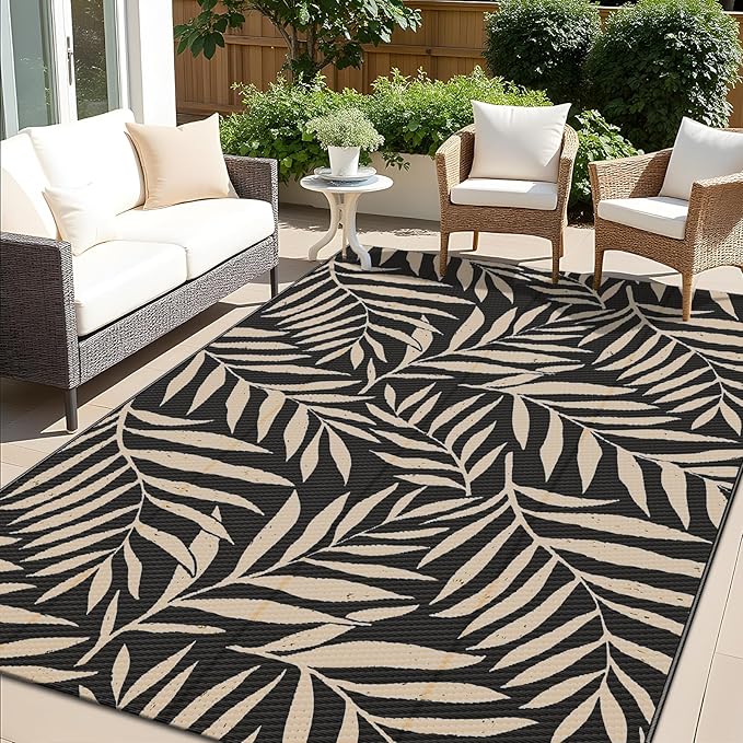 OLANLY Waterproof Outdoor Rug 5x8 ft, Reversible Outdoor Plastic Straw Rug with Leaf Pattern, RV Mat, Indoor Outdoor Carpet for Patio, Camping, Balcony, Deck, Backyard, Black & Beige