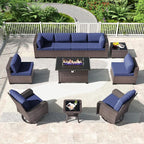 Kullavik 11PCS Outdoor Patio Furniture Set,PE Wicker Rattan Sectional Sofa Patio Conversation Sets with 43" 55000BTU Gas Propane Fire Pit Table,Swivel Rocking Chairs Set,Navy Blue