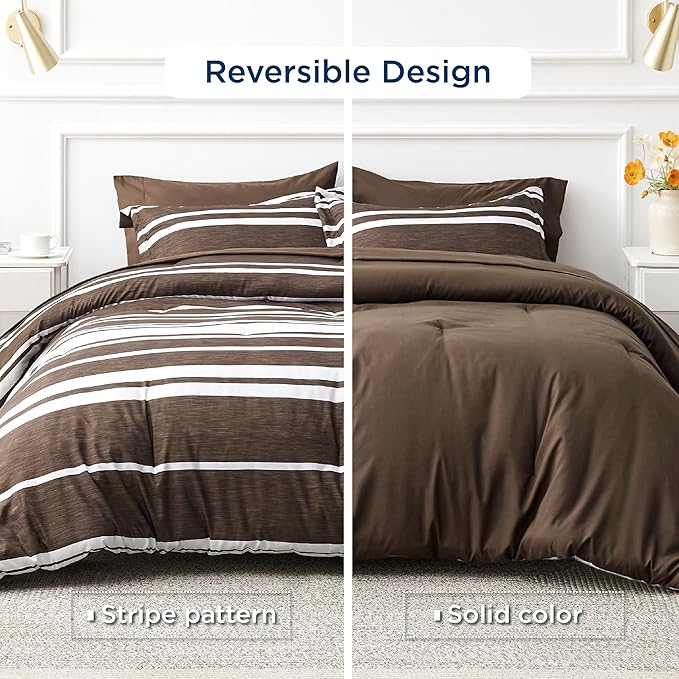 Bedsure Bed in a Bag Twin Size 5-Piece Brown White Striped Bedding Comforter Sets All Season Bed Set with 1 Pillow Sham, Flat Sheet, Fitted Sheet and 1 Pillowcase