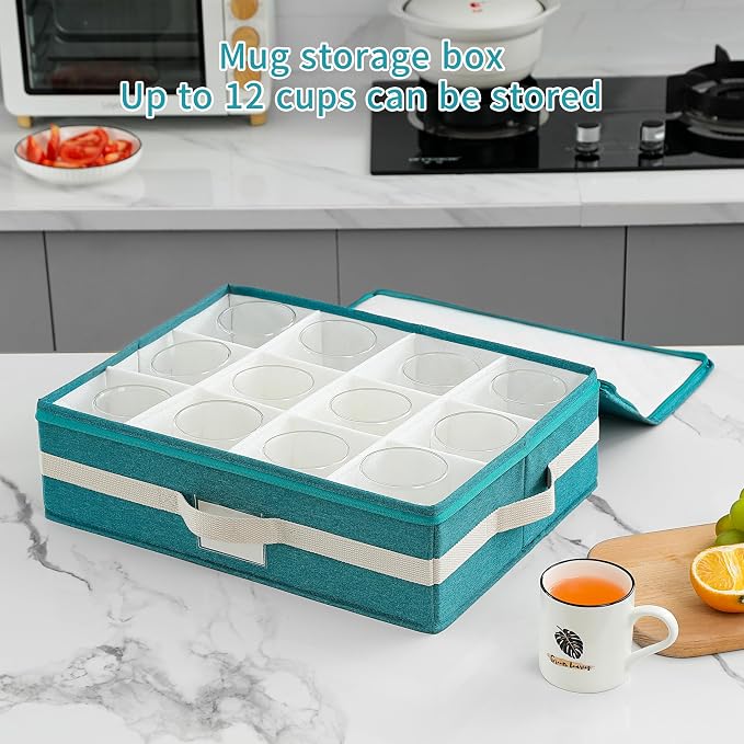 Mug Storage Box with Divider, Tea Cup and Coffee Mug Storage Container with Zipper Cover and Reinforced Handle, Hard Shell, Stackable, Foldable, 17.32 x 13.39 x 5.51 Inches (Green White, 2 Sets)