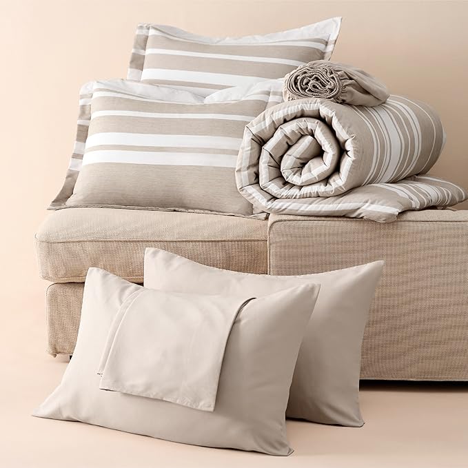 Bedsure Bed in a Bag Queen Size 7 Pieces, Light Camel White Striped Bedding Comforter Sets All Season Bed Set Khaki, 2 Pillow Shams, Flat Sheet, Fitted Sheet and 2 Pillowcases