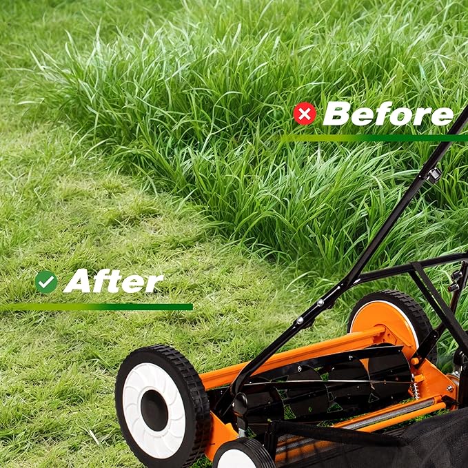 Walensee 18-Inch 5-Blade Push Reel Lawn Mower, Cordless Manual Reel Lawn Mower Walk-Behind Steel Lawn Mowers with Removable 10-Gallon Grass Catcher, Sponge Grip, 9-Position Cutting Height Adjustment