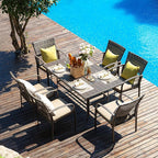 Pamapic 8504 Patio Dining 7 Piece, Outdoor Wicker Furniture Set for Backyard Garden Deck Poolside/Iron Slats Table Top, Removable Cushions, 7 Pack, Beige