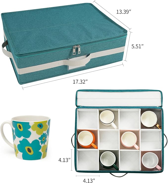 Mug Storage Box with Divider, Tea Cup and Coffee Mug Storage Container with Zipper Cover and Reinforced Handle, Hard Shell, Stackable, Foldable, 17.32 x 13.39 x 5.51 Inches (Green White, 2 Sets)